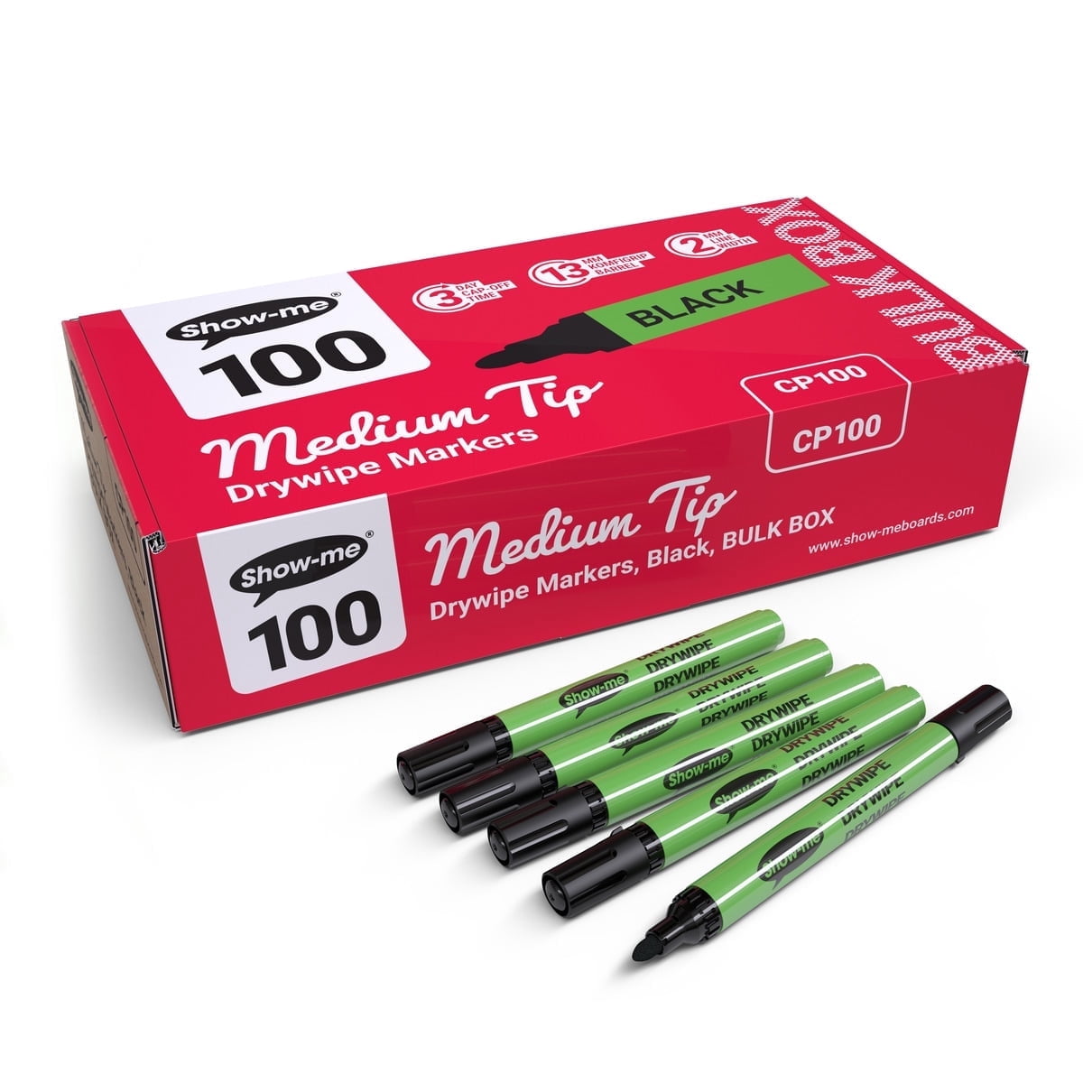 Show-me Classbox of 100 Medium Tip Slim Barrel Dry Erase Markers in Black