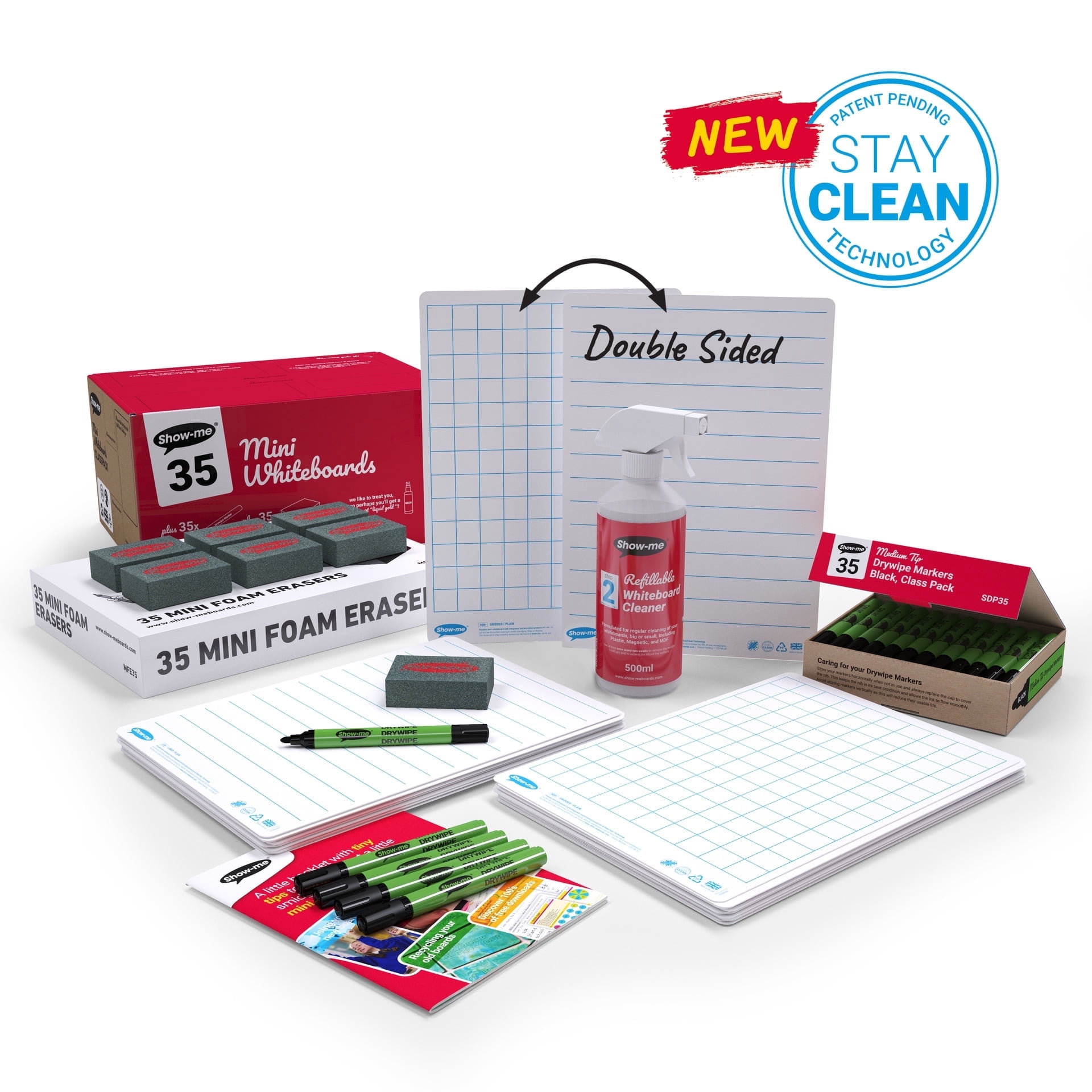Show-me Classpack of 35 x A4 Lined/Gridded dry erase boards, pens and erasers plus free cleaner