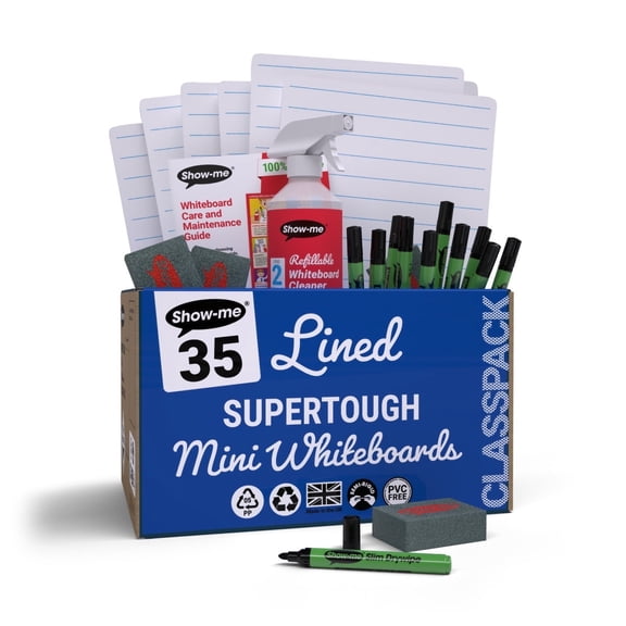 Show-me Classpack of Lined/Plain SUPERTOUGH dry erase boards, with pens and erasers plus 1 free cleaner