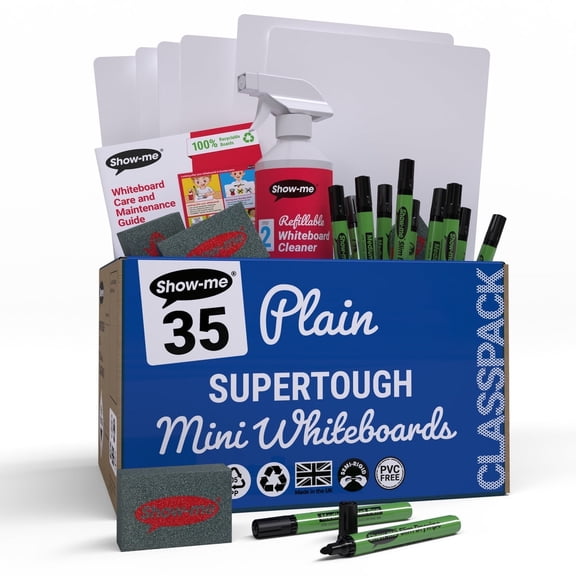 Show-me Classpack of Plain/Plain SUPERTOUGH dry erase boards, with pens and erasers plus 1 free cleaner