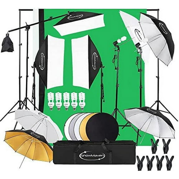 ShowMaven Photography Lighting Kit 6.5ft x 10ft Adjustable Light Stands Softbox Umbrella Set