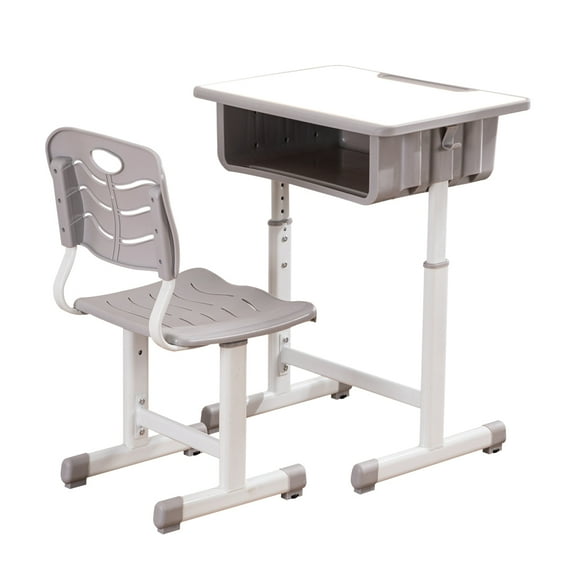 ShowMaven Student Desk and Chair Combo, Height Adjustable Children's Desk and Chair Workstation with Drawer(Light Grey&White)