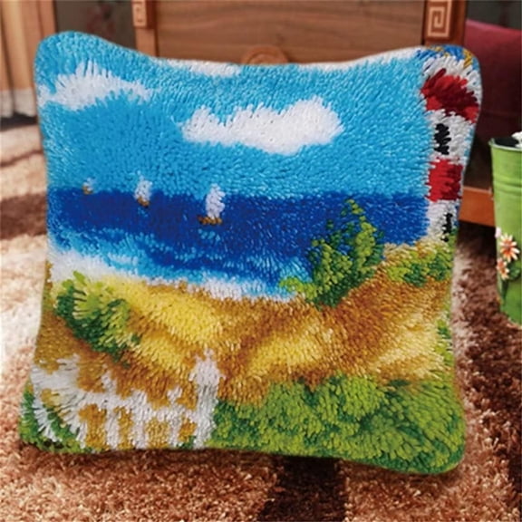 ShowNiceArt Latch Hook Cushion Kits, Lighthouse DIY Needlework Pillow Cover Sofa Cushion Rug Making Kits 43×43cm/17*17in