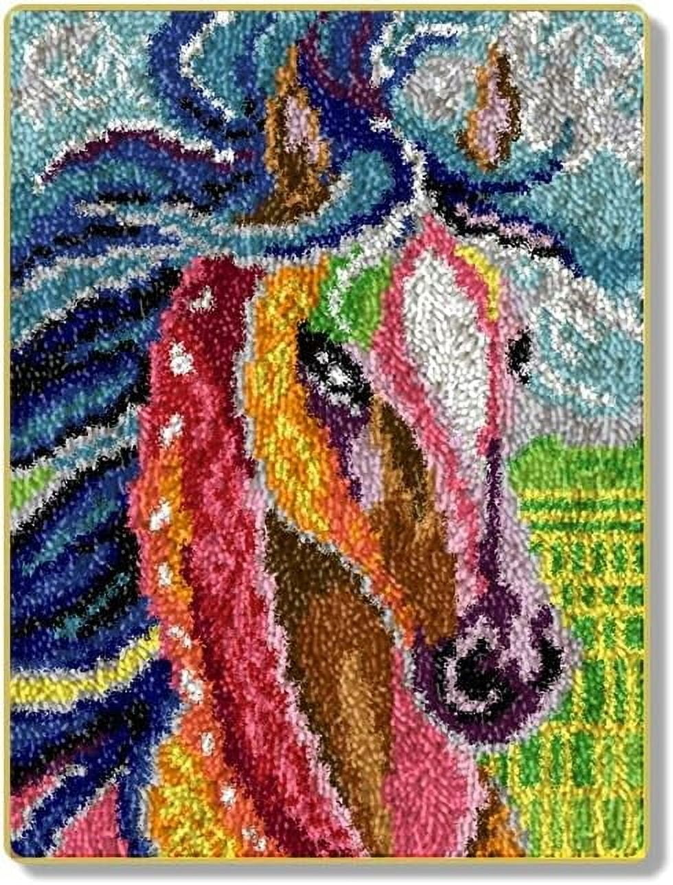 ShowNiceArt Latch Hook Kits，Colorful Horse | Crochet Needlework Crafts for Kids Adults DIY Sofa Cushion 20 * 15 Inch
