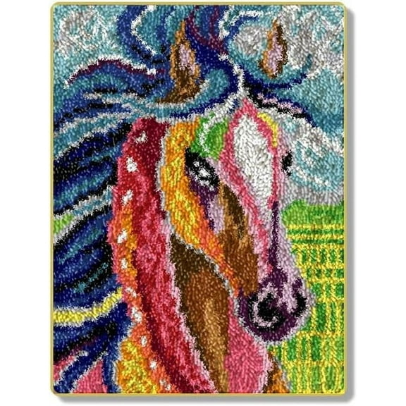 ShowNiceArt Latch Hook Kits，Colorful Horse | Crochet Needlework Crafts for Kids Adults DIY Sofa Cushion 20 * 15 Inch