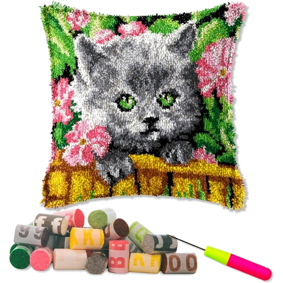 ShowNiceArt Latch Hook Kits For Adults Pillow, Flower Cat | Creative Craft Home Decor Ideal  43 × 43cm / 16.9 * 16.9 inches