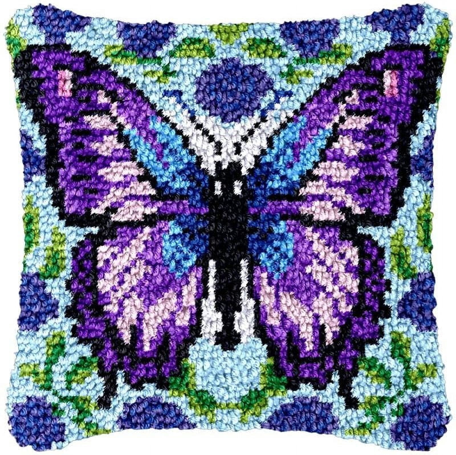 ShowNiceArt Latch Hook Pillowcase Kits，Purple Flower Butterfly | Embroidery Craft Kits DIY  Canvas Home Decoration 43x43cm