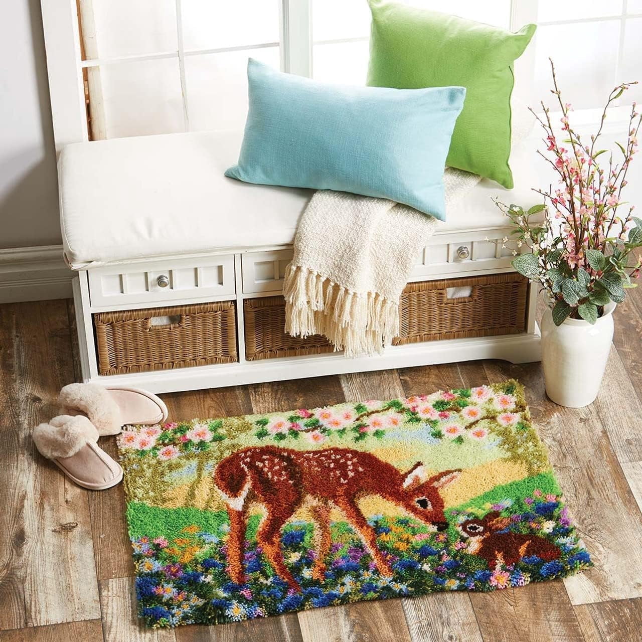 ShowNiceArt Latch Hook Rug Kits, Fawn and Rabbit | DIY Carpet Embroidery Kits Home Needlework Rugs Craft Kits 60x40 cm