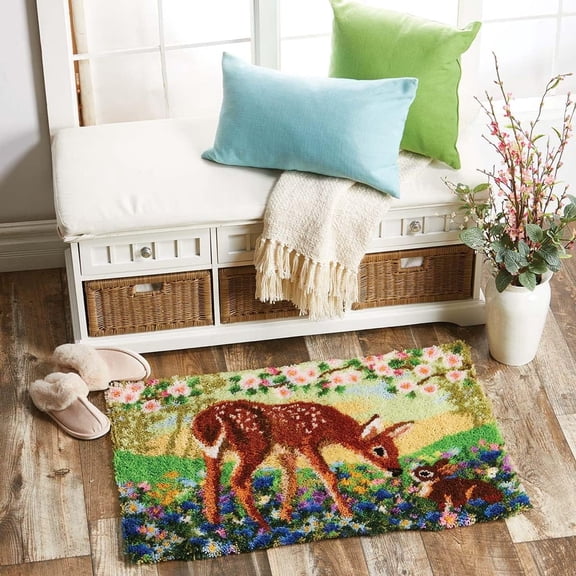 ShowNiceArt Latch Hook Rug Kits, Fawn and Rabbit | DIY Carpet Embroidery Kits Home Needlework Rugs Craft Kits 60x40 cm