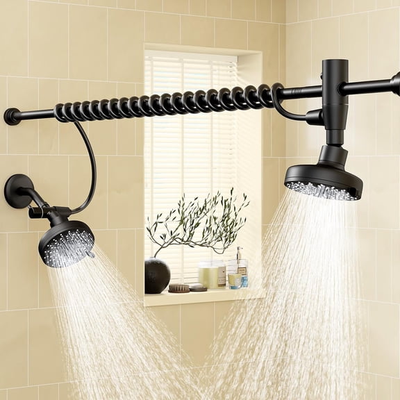 Shower  with  Adjustable Slider, High  Double Shower  for Two People Rod, 2 Showerhead System for Couples, Renter-Friendly, -Like,  for Women Men, Black