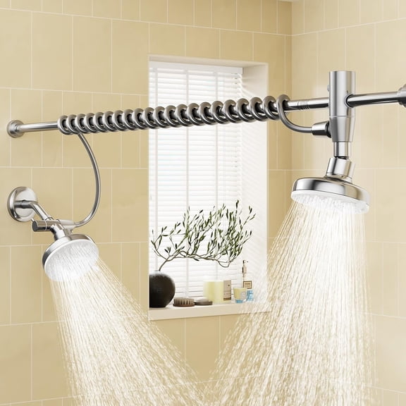 Shower with Adjustable Slider, High Double Shower for Two People Rod, 2 Showerhead System for Couples, Renter-Friendly, -Like, for Women Men, Chrome