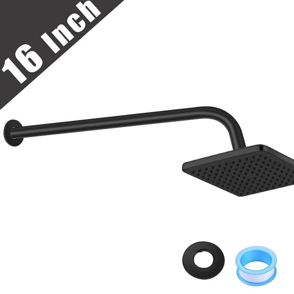 Shower Arm with Flange, 16 in Wall Mount Replacement Angle Shower Head Arm Wall-Mounted For Fixed Shower Head & Handheld Showerhead, Matte Black