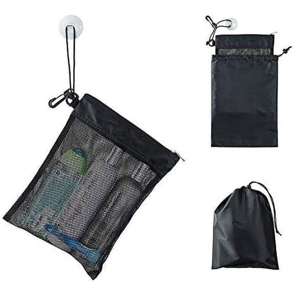 Shower Bag Tote, Mesh Caddy Toiletry Organizer 12L x 9W, Compact and Lightweight With Suction Cup, Cord for Hanging, Zipper and Drawstring Pouch 14L x 10W, Black