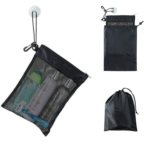 Shower Bag Tote, Mesh Caddy Toiletry Organizer 12L x 9W, Compact and Lightweight With Suction Cup, Cord for Hanging, Zipper and Drawstring Pouch 14L x 10W, Black