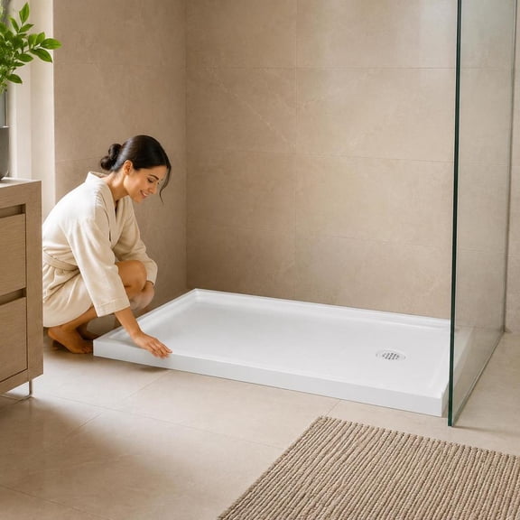 Shower Base, 60 X 30 Inch Single Threshold Rectangle, Acrylic and PVC, White, Right Drain, Slip-Resistant