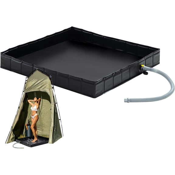 Shower Base Portable Water Basin, 31.5in Foldable Outdoor Shower Floor with Extension Hose for Campers and Vehicle Cleaning, Black Utility Mat