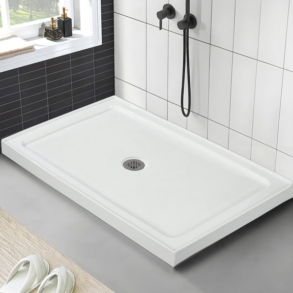 Shower Base with Stainless Steel Anti-Clog Drain, Non-Slip Textured Floor, Heavy Duty Resin Shower Pan, Left or Right Drain,Easy Install - 60"X32", 48X32"