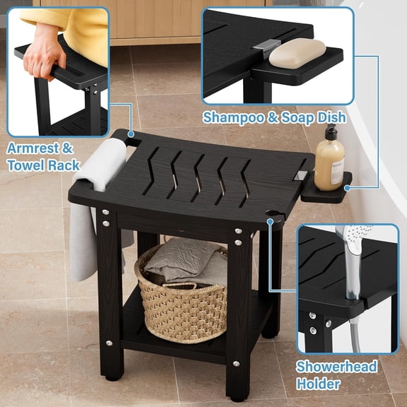 Shower Bench Inside Shower, Sturdy 400 LBS Load with Side Handle & Storage Shelf + On Sale + Waterproof No Upkeep, Non-Slip Easy to Assemble, Black for Adults Elderly, Indoor Outdoor Bathroom Use