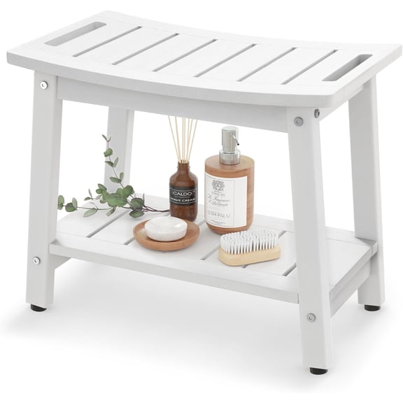 Shower Bench for Inside Shower - White HDPE Shower Stool Waterproof - Spa Bathroom Seat Chair with Handle, Storage Shelf, Adjustable Feet - Indoor/Outdoor, Weather Resistant