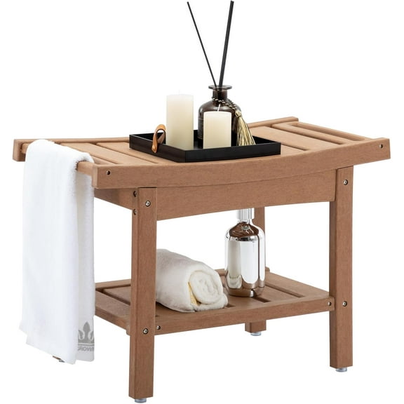 Shower Bench Seat, Bath Shower Stool with Storage Towel Shelf, HDPE Shower Chair for Inside Bedroom Outdoor, 24'', Teak
