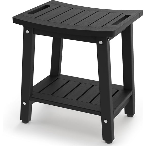 Shower Bench with Handle and Storage Shelf - Black HDPE, Adjustable Feet, Waterproof, 16x12.5x17 Inch