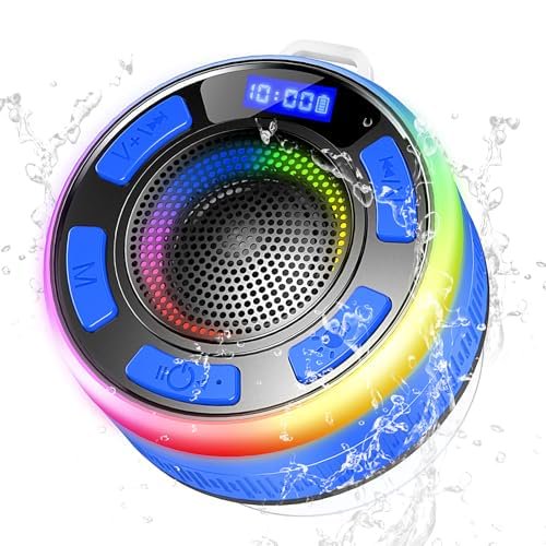 Shower Bluetooth Speaker IPX7 Waterproof, Portable Bluetooth Speakers with Suction Cup and Time Display, Crystal Sound&Bass LED Light 1100mAh, Wireless Shower Speaker for Outdoor/Kayak/ Gifts/Beach