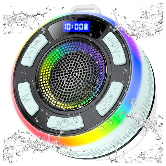 Shower Bluetooth Speaker IPX7 Waterproof, Portable Bluetooth Speakers with Suction Cup and Time Display, Crystal Sound&Bass LED Light 1100mAh, Wireless Shower Speaker for Outdoor/Kayak/ Gifts/Beach