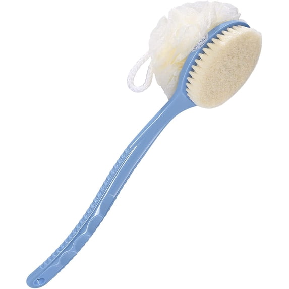 Shower Body Brush with Bristles and Loofah, Body Scrubber with Long Handle Back Scrubber for Shower Bath Sponge Shower Brush for Men and Women Massage Body Brush for Skin Exfoliating (Blue)