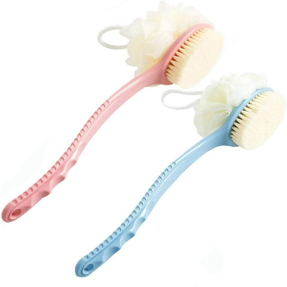 Shower Body Brush with Bristles and Loofah, Body Scrubber with Long Handle Back Scrubber for Shower Bath Sponge Shower Brush for Men and Women Massage Body Brush for Skin Exfoliating (Blue&Pink)