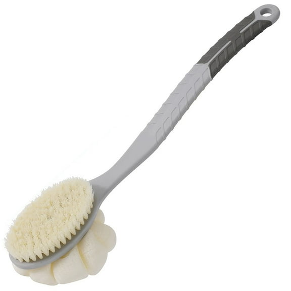Shower Body Brush,Soft Bristles and Large Pumpkin Loofah with Curved 16” Long Anti-Slip Handle, Back Scrubber Bath Mesh Sponge for Skin Exfoliating,Massage Bristles for Wet or Dry,Men Women (Grey)
