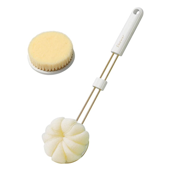 Shower Brush Long Handle 39.5cm, Soft Nylon Bristle Back Scrubber with Bath Pouf, Deep Clean Exfoliating Massage for Adults, No Dead Spot Slider Design and Skin Friendly