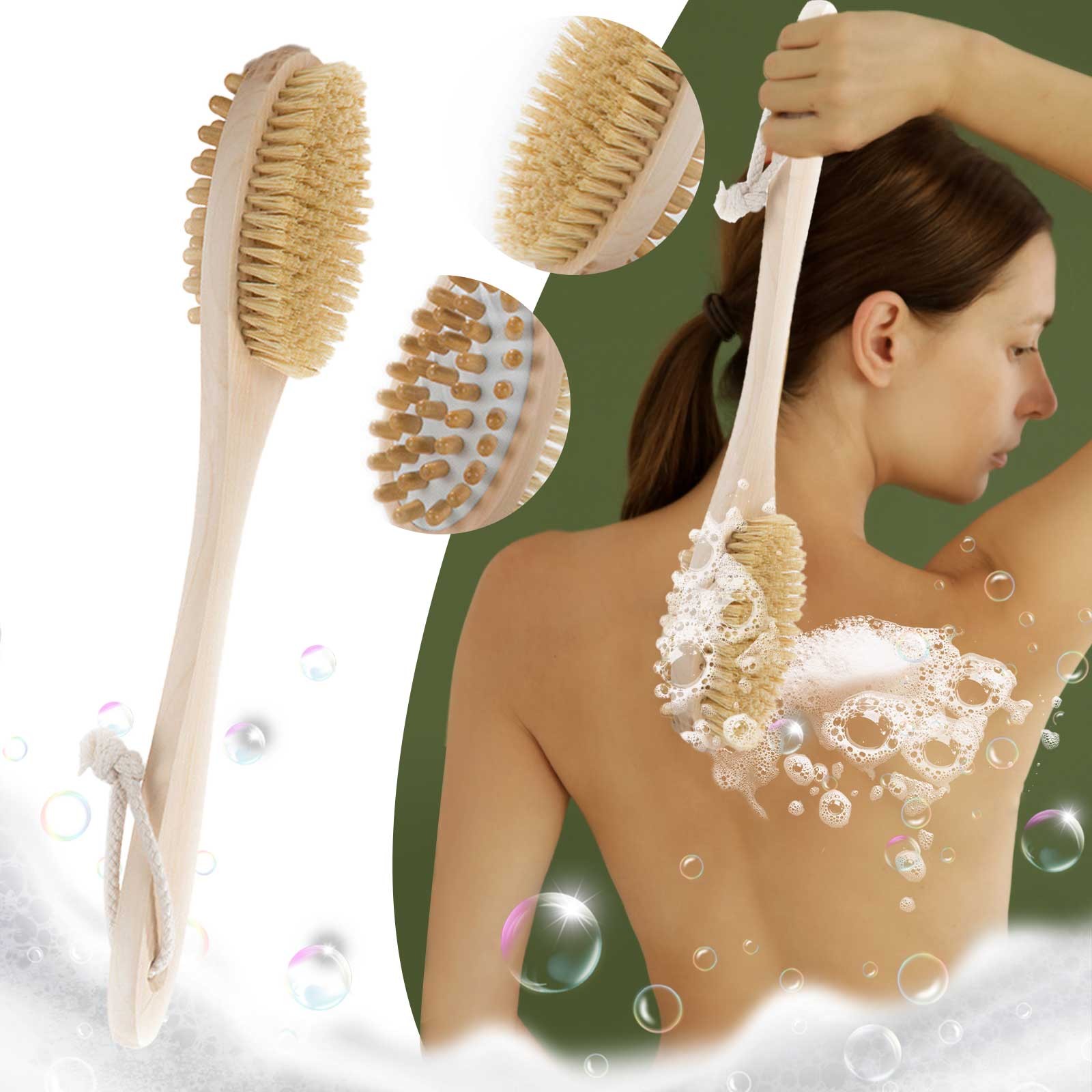 Shower Brush With Soft And Stiff Bristles Bath Sided Long Handle Back Scrubber Body Exfoliator