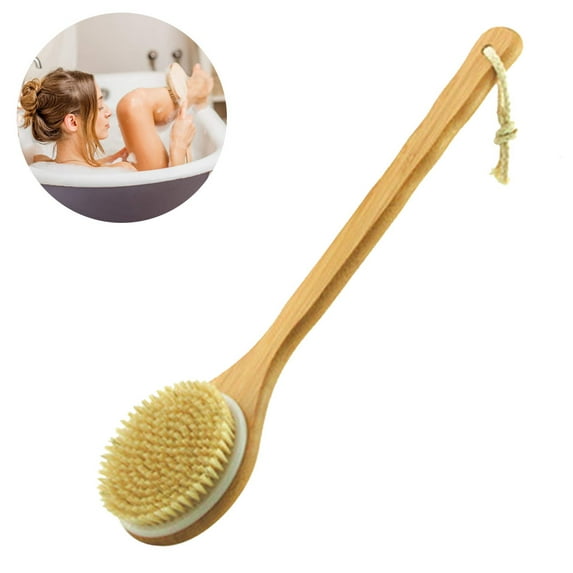 Shower Brush with Natural Bristle Long Bamboo Handle Bath Body Brush for Wet or Dry Brushing - Improves Blood Circulation, Exfoliating Skin-Bleach