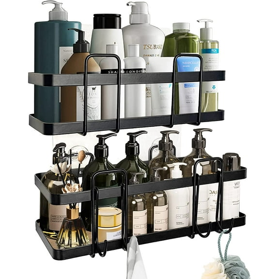 Shower Caddy, 2 Packs Bamboo Shower Organizer with Hooks Adhesive Shower Shelves Rustproof for Inside Shower & Kitchen Storage (Drilling & No Drilling Two Options)