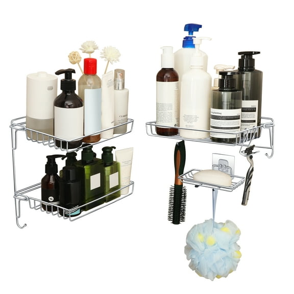 Shower Caddy 3-Layers Bathroom Shelf, Duxleo No Drilling Traceless Adhesive Collapsible Bathroom Storage Organizer, Stainless Steel Rustproof Food Storage Basket 4 Pack