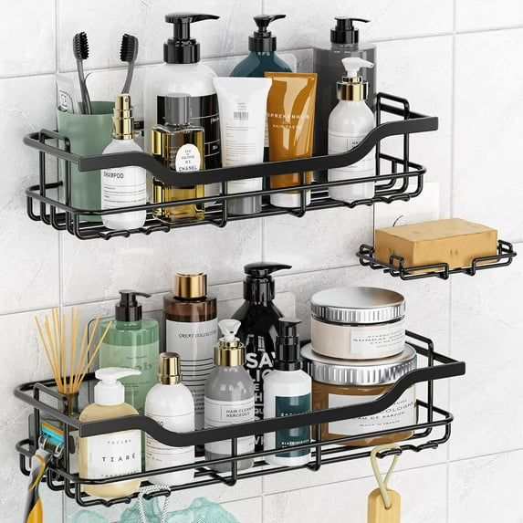 Shower Caddy 3-Pack, Adhesive Shower Organizer with Soap Holder, Rustproof No Drilling Shower Shelves for Inside Shower Bathroom Organizer and Storage, Black(Large)