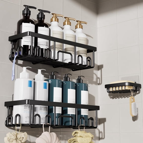 Shower Caddy 3-Pack, Advanced Rustproof Design, No Drilling Adhesive Shelves, Rack with Soap Holder, Large Capacity Bathroom Organizers and Storage, Wall-Mounted Kitchen & Home Decor, Black