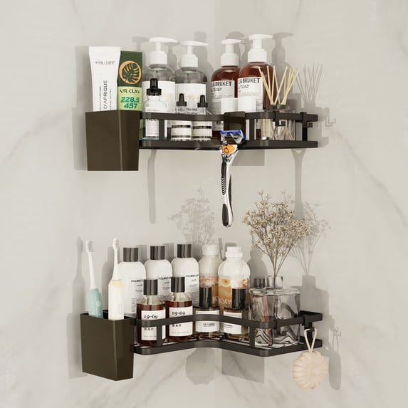 Topritt Corner Shower Caddy, 2-Pack No Drill Adhesive Organizer with 2 Toothbrush Holders & Hooks, Space-Saving Bathroom/Kitchen Storage Shelf for Shower Corner (90° Angle Only)