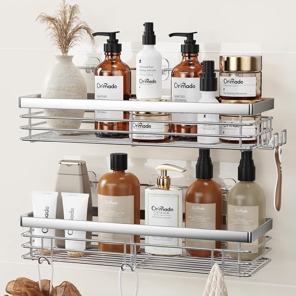 Shower Caddy with 5 Hooks Organizer for Hanging Razor and Sponge Bathroom Basket Adhesive Shelf Storage Kitchen Rack Wall Mounted No Drilling Rustproof Stainless Steel - 2 Pack