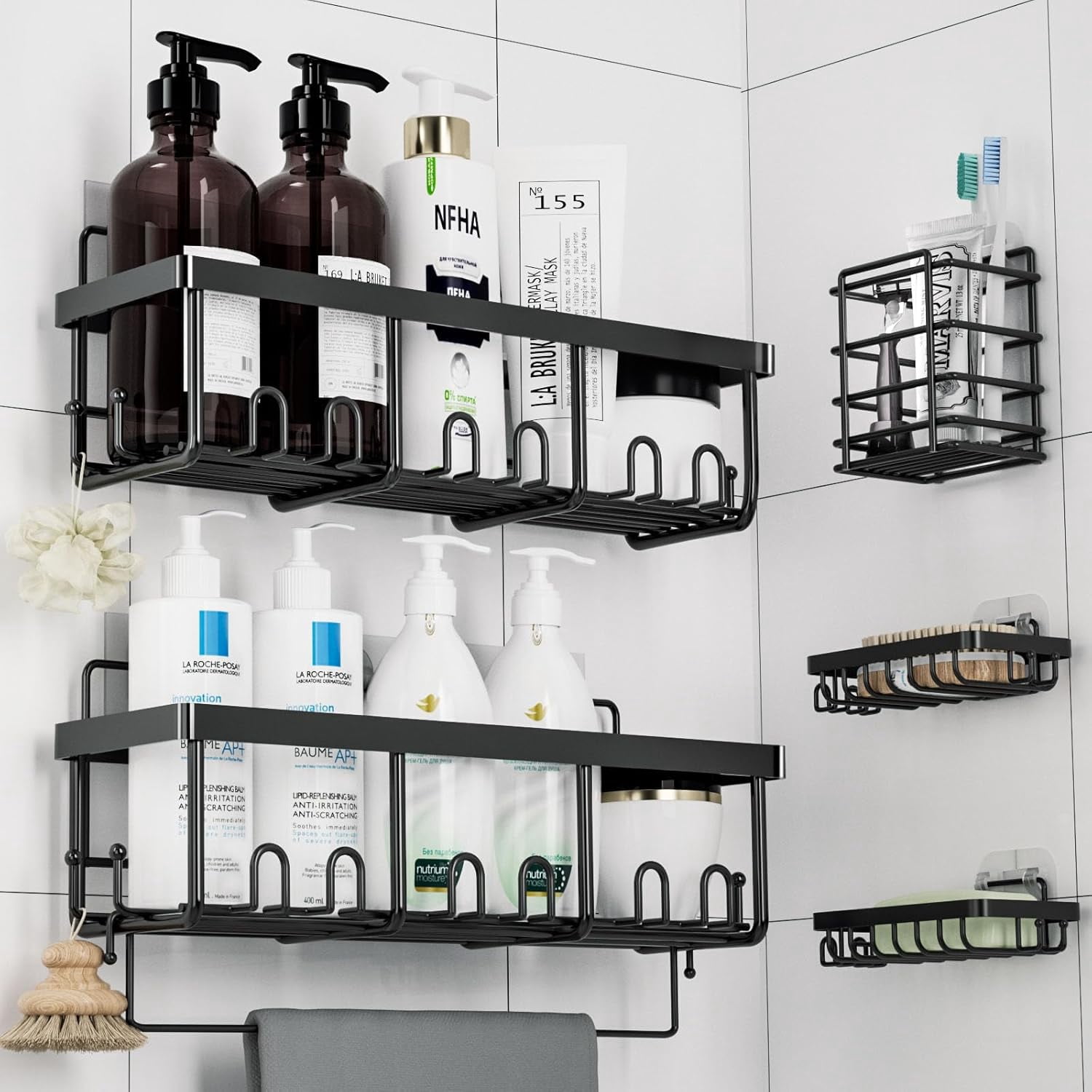 IKSOO 5-Piece Shower Caddy Set - Large 12.5in Adhesive Shelves, Stainless Steel With Extra Hooks, No Drill Needed - View #2