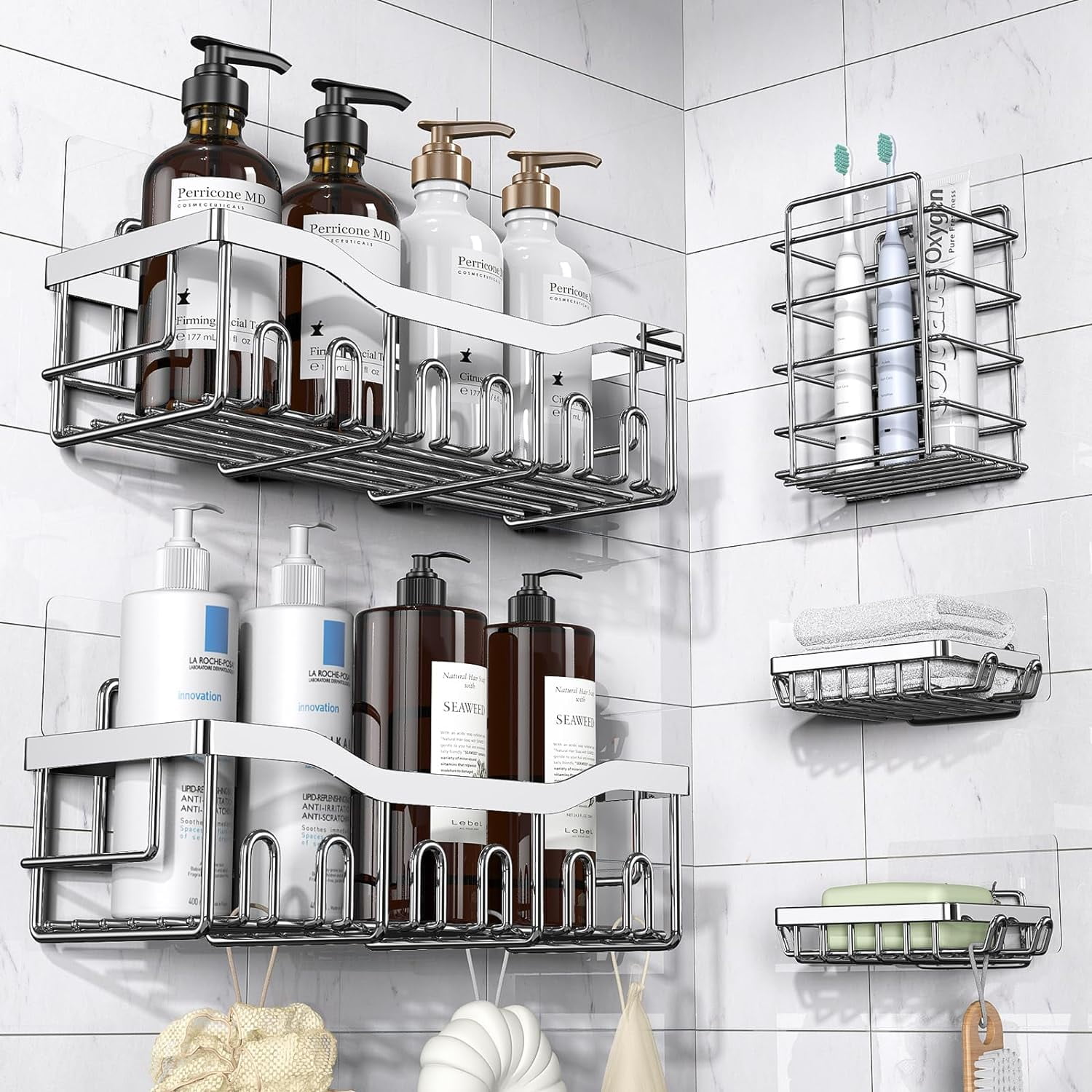 Uamector Shower Caddy 3 Pack, Strong Adhesive Bathroom Shower Organizer  with 17 Hooks, No Drilling Rust Proof Wall Mounted Shower Shelves Storage  for