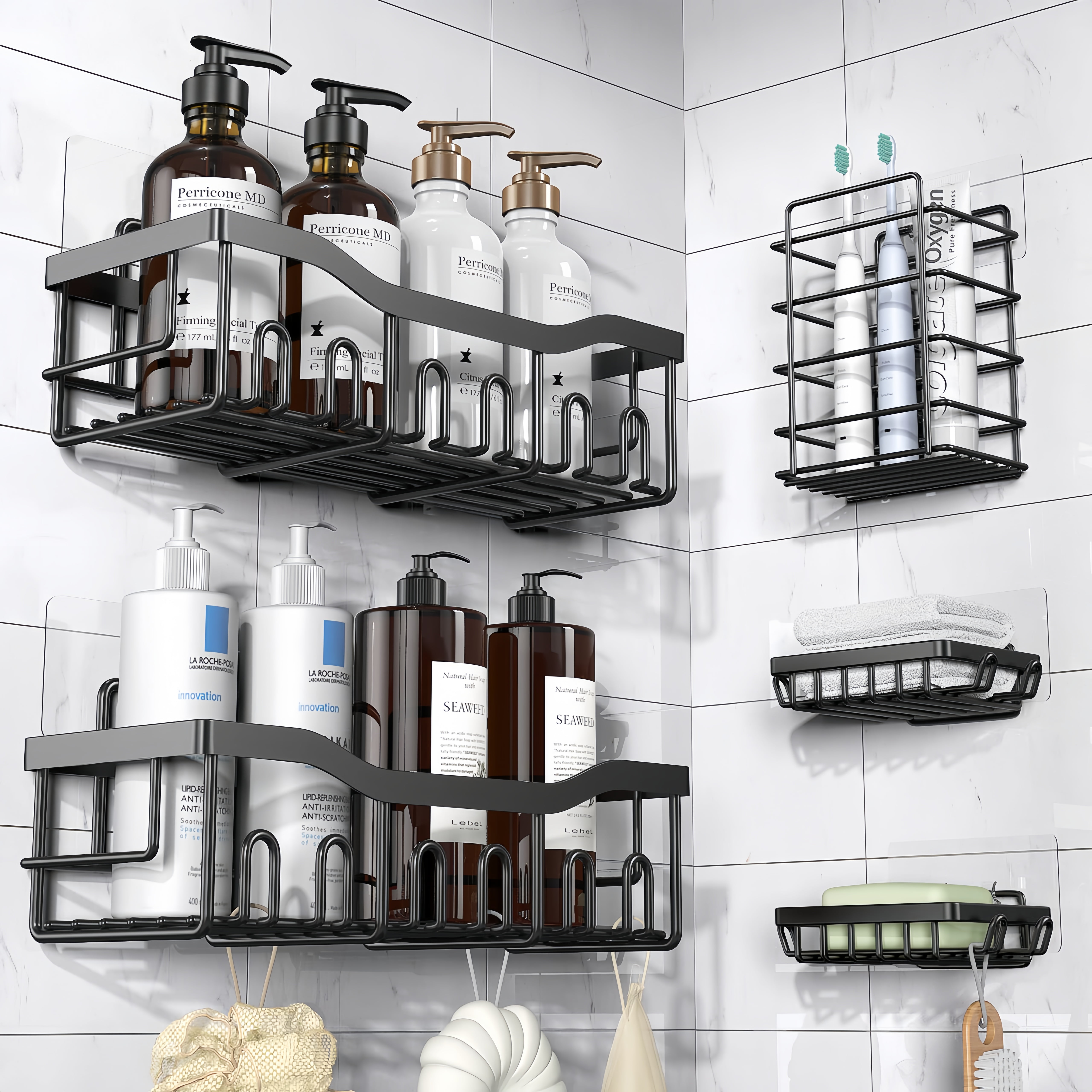 Shower Caddy 5 Pack,Adhesive Shower Organizer for Bathroom Storage&Home Decor&Kitchen,No Drilling,Large Capacity,Rustproof Stainless Steel Bathroom Organizer,Shower Shelf for Inside Shower(Black)