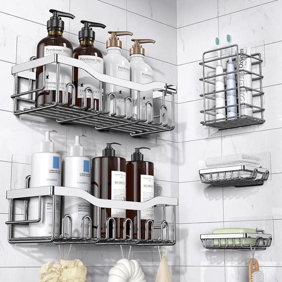 Shower Caddy 5 Pack, Adhesive Shower Organizer for Bathroom & Kitchen, No Drilling, Large Capacity, Rustproof SUS304 Stainless Steel Bathroom Organizer, Bathroom Accessories, Silver