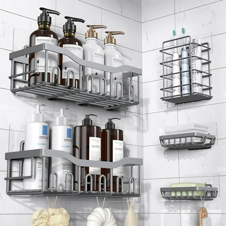 Shower Caddy 5 Pack, Adhesive Shower Organizer for Bathroom & Kitchen, No Drilling, Large Capacity, Rustproof SUS304 Stainless Steel Bathroom Organizer, Bathroom Accessories, Gray