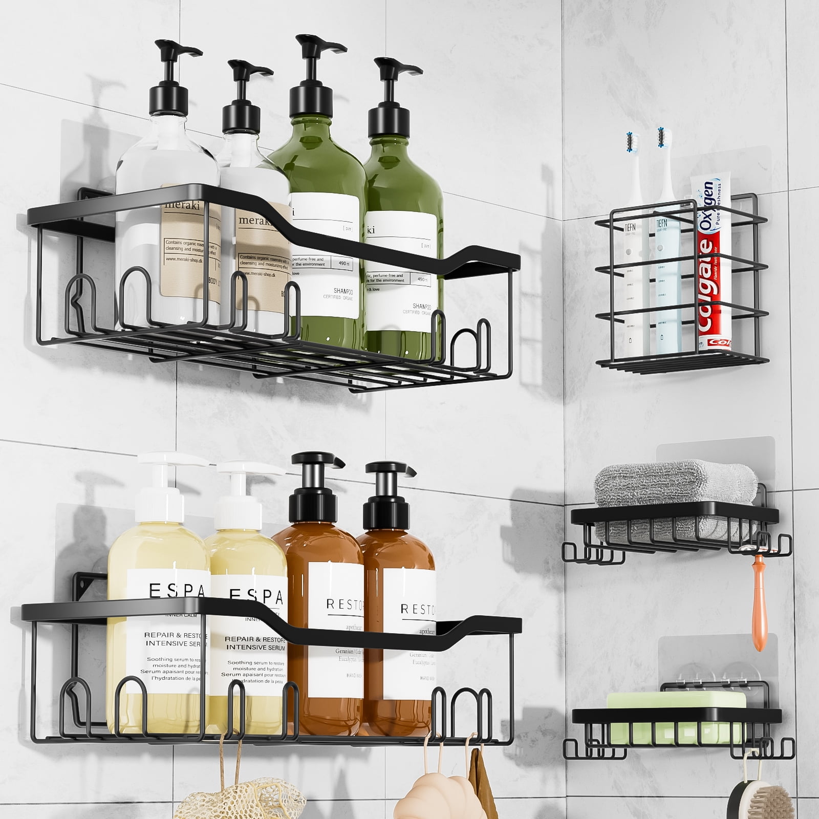 Shower Caddy, Bathroom Shower Shelves, 5 Pack Adhesive Shower Organizer, Wall Shelf for Shower Storage with Soap Dish, tootbrush Shelf &28 Hooks, Rustproof Stainless Steel No Drilling Rack Home Decor
