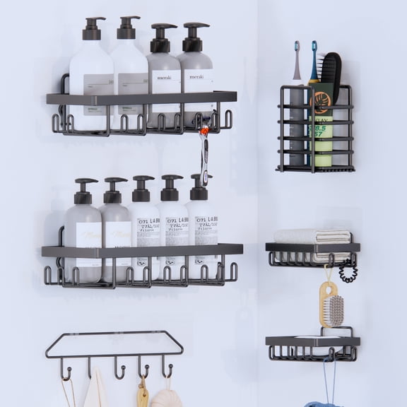 Topritt Shower Caddy 6 Pack, Adhesive Shower Organizer with Soap Holder, Large Capacity, No-Drill Wall Mounted Bathroom Organizer Basket for Bathroom & Kitchen Storage, Black