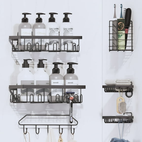 Topritt Shower Caddy 6 Pack, Adhesive Shower Organizer with Soap Holder, Large Capacity, No-Drill Wall Mounted Bathroom Organizer Basket for Bathroom & Kitchen Storage, Black