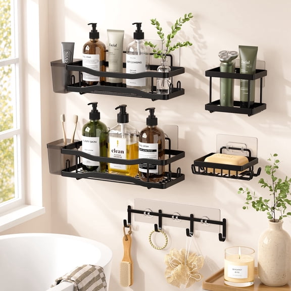 TINANA 7 Pack Shower Caddy Set, No Drill Bathroom Organizer Shelves with Soap Dish, Razor and Hook Rack, Heavy Duty Black