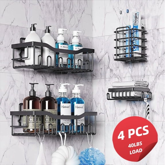 Shower Caddy Adhesive 2/4 Pack, Shower Shelves For Inside Shower With Hooks, 40lbs Max-Load,No Drilling & Rustproof, Large Capacity Shower Organizers And Storage