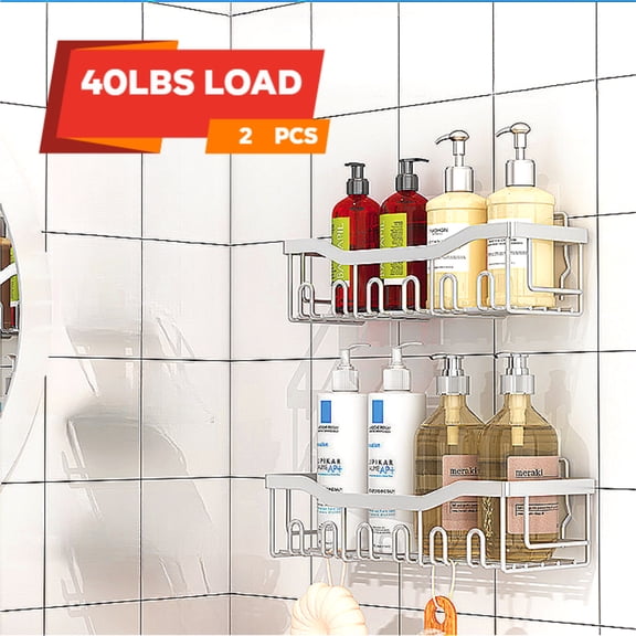 Shower Caddy Adhesive 2/4 Pack, Shower Shelves For Inside Shower With Hooks, 40lbs Max-Load,No Drilling & Rustproof, Large Capacity Shower Organizers And Storage